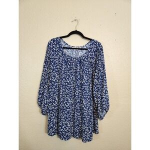 Evri Women's‎ Blue White Printed Scoop Neck Puff Long Sleeve Blouse Top Size 2X